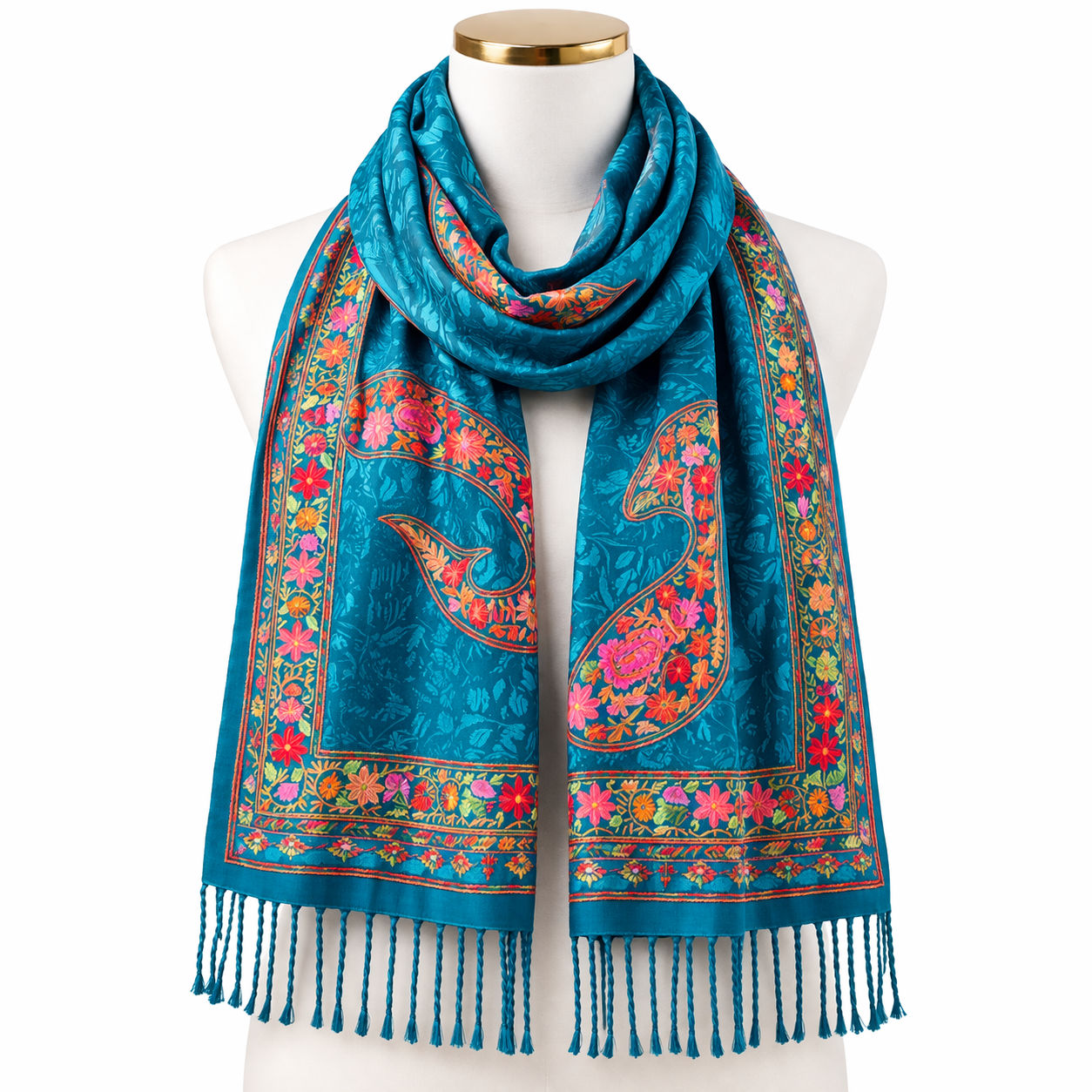 Teal Wool Shawl With Contrast Embroidery